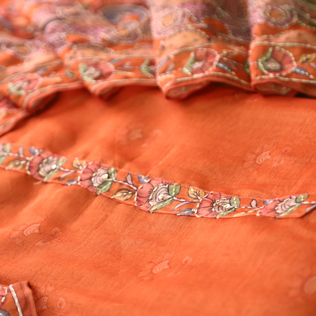 Farhana Dusky Rust Self Printed in Kantha Embroidery Neck Work Chanderi Set