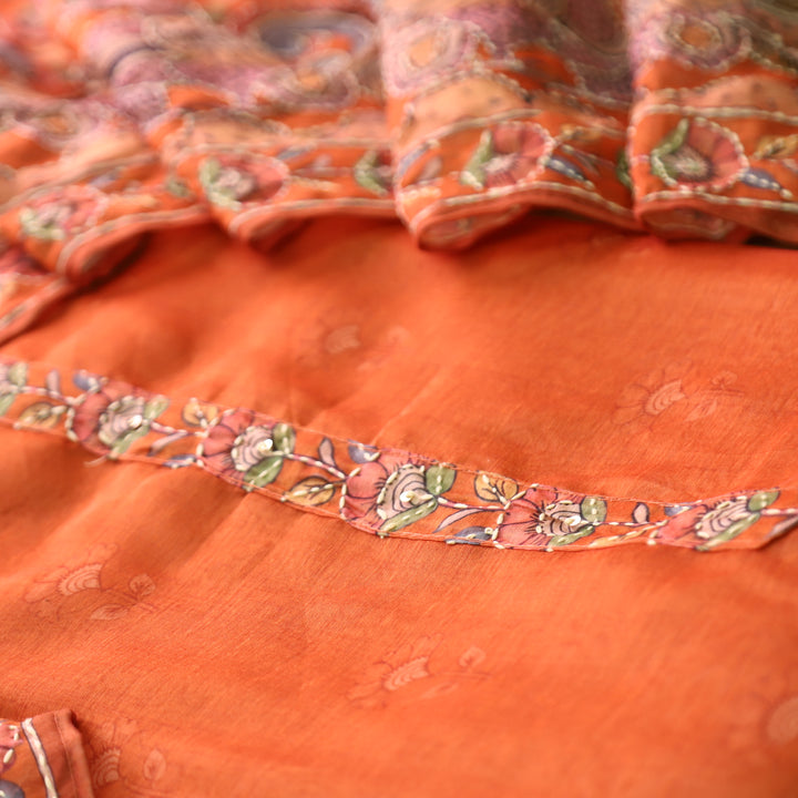 Farhana Dusky Rust Self Printed in Kantha Embroidery Neck Work Chanderi Set