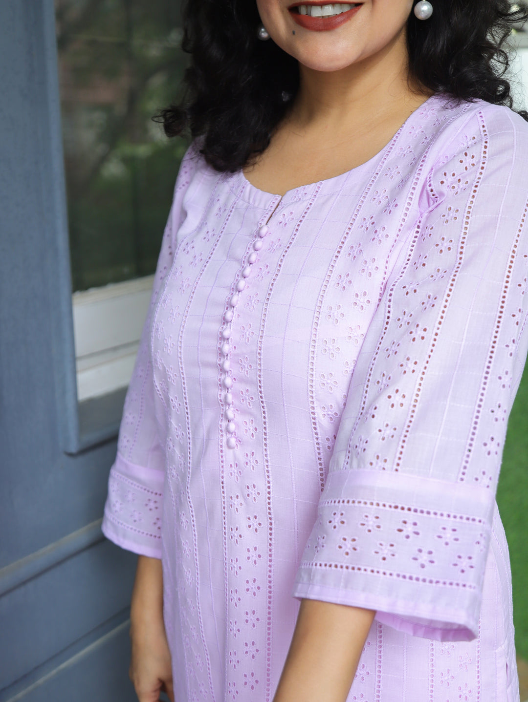 Aisha Tulip Lilac Potli Button Cotton Schiffli Kurti