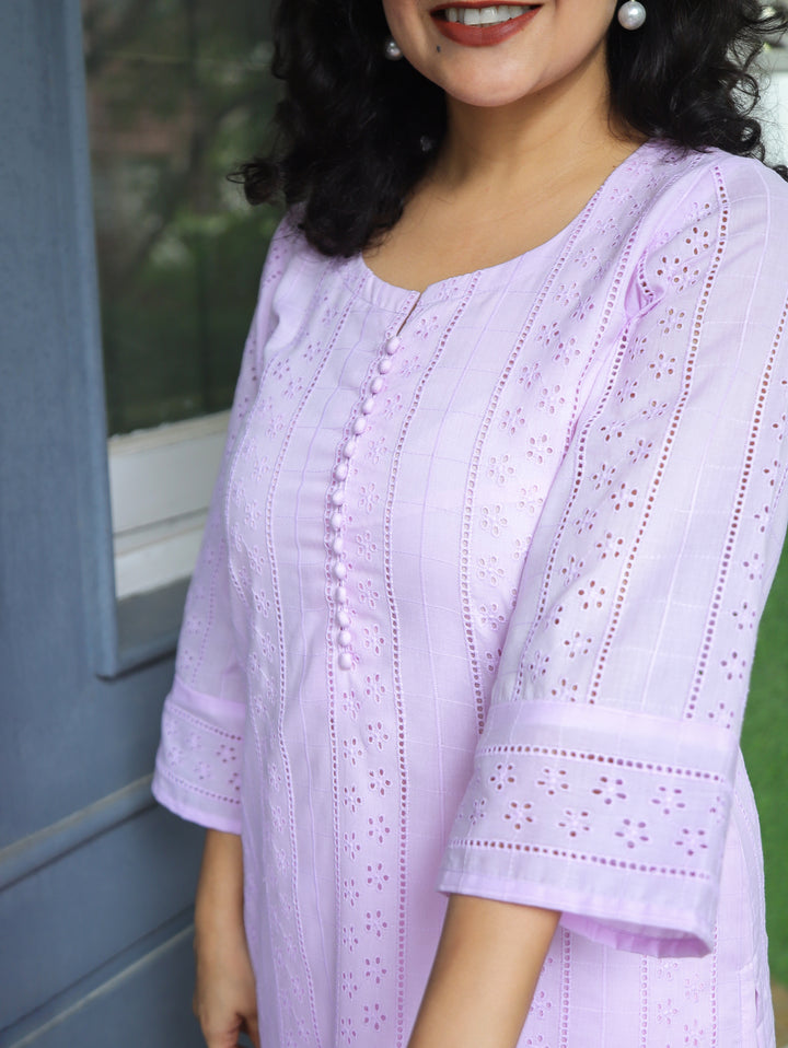 Aisha Tulip Lilac Potli Button Cotton Schiffli Kurti
