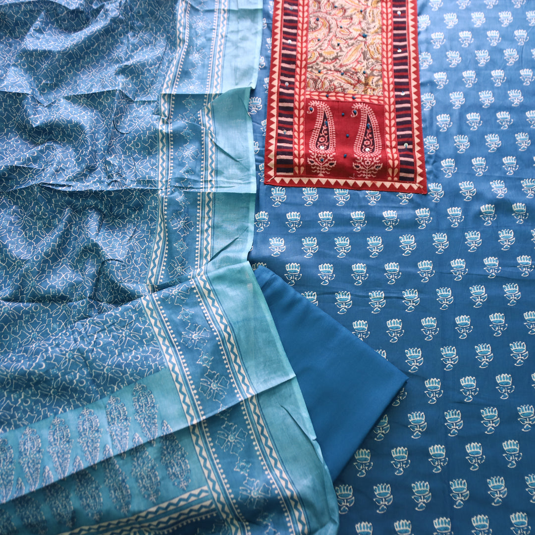 Roshni Stone Blue Kalamkari Yoke with French Knot Printed Jam Cotton Set
