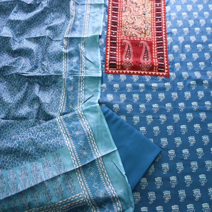 Roshni Stone Blue Kalamkari Yoke with French Knot Printed Jam Cotton Set