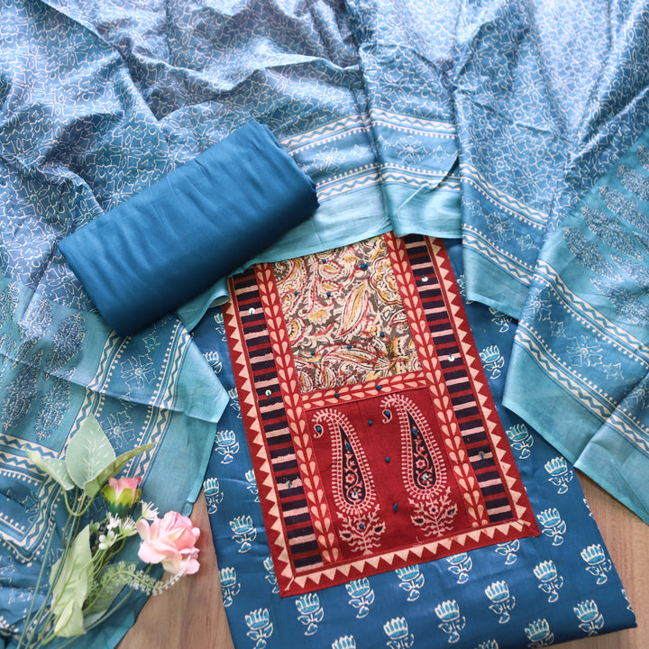 Roshni Stone Blue Kalamkari Yoke with French Knot Printed Jam Cotton Set