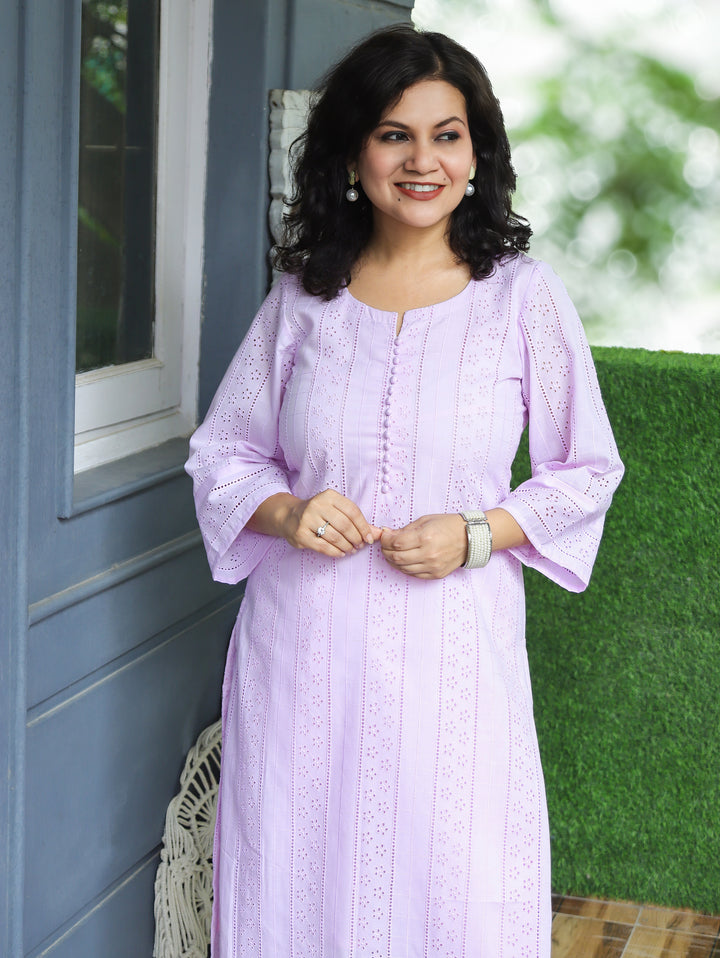 Aisha Tulip Lilac Potli Button Cotton Schiffli Kurti