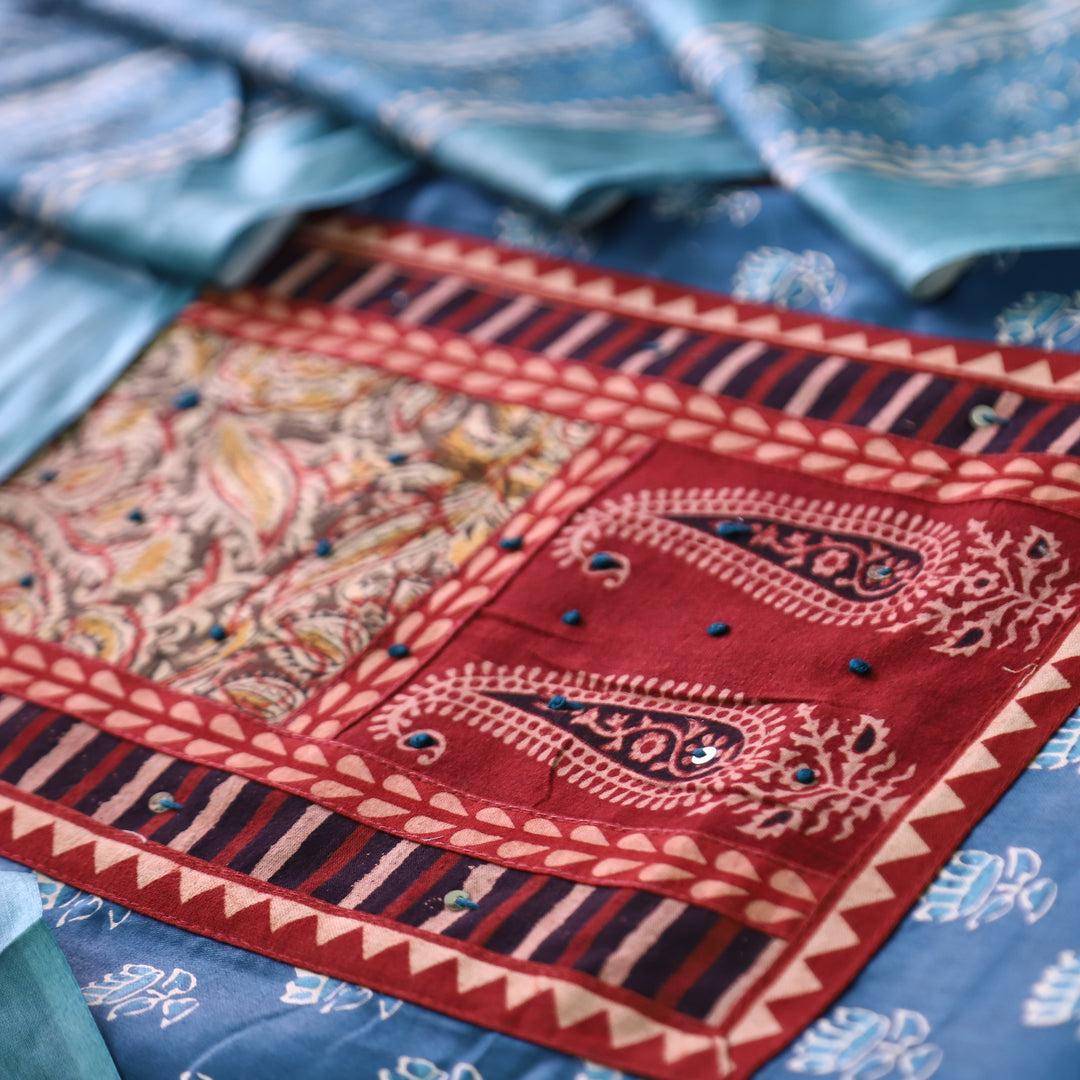 Roshni Stone Blue Kalamkari Yoke with French Knot Printed Jam Cotton Set