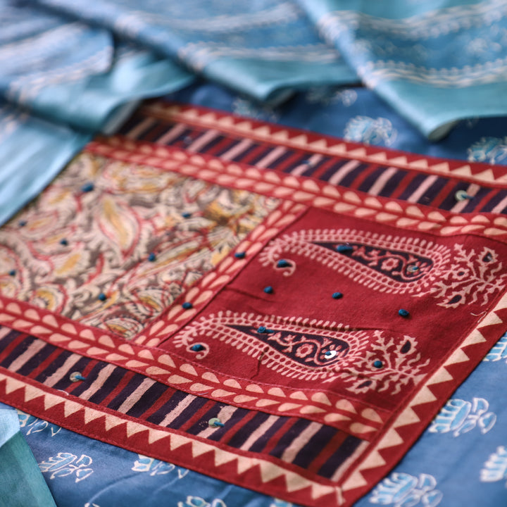 Roshni Stone Blue Kalamkari Yoke with French Knot Printed Jam Cotton Set