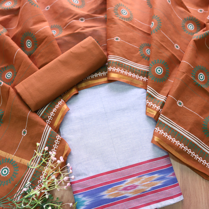 Subhranti Sky Grey Mangalgiri Hem Top with Warli Printed South Cotton Set