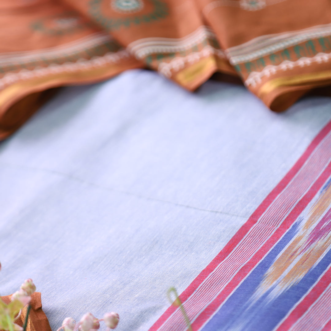 Subhranti Sky Grey Mangalgiri Hem Top with Warli Printed South Cotton Set