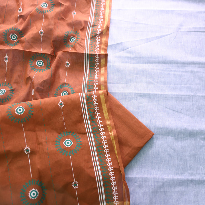 Subhranti Sky Grey Mangalgiri Hem Top with Warli Printed South Cotton Set