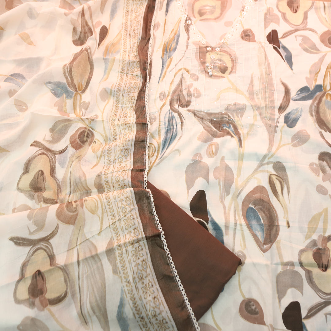 Dhaang Beige with Brown Abstract Print with V Neck Sequine Work Cotton Set