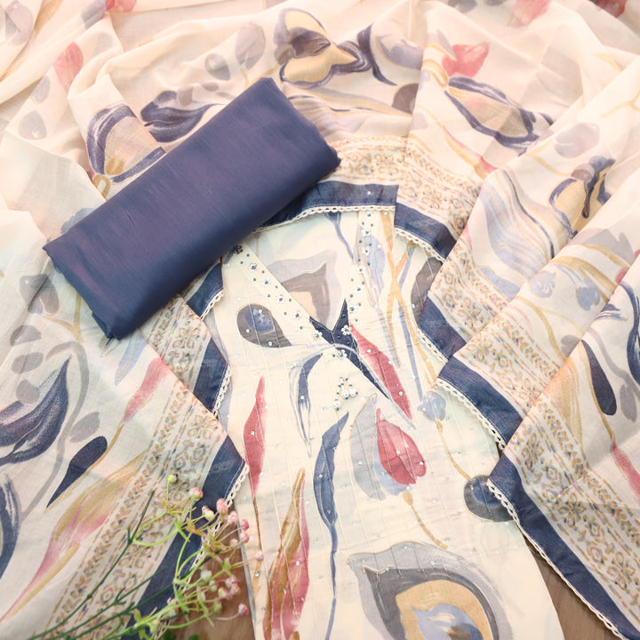 Dhaang Beige with Grey Abstract Print with V Neck Sequine Work Cotton Set
