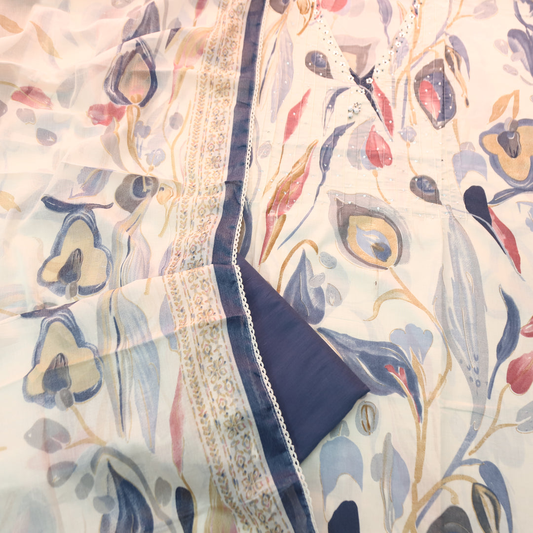 Dhaang Beige with Grey Abstract Print with V Neck Sequine Work Cotton Set
