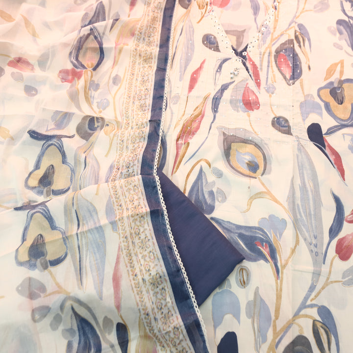 Dhaang Beige with Grey Abstract Print with V Neck Sequine Work Cotton Set