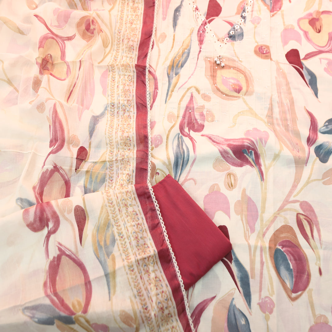 Dhaang Beige with Mauve Abstract Print with V Neck Sequine Work Cotton Suit Set