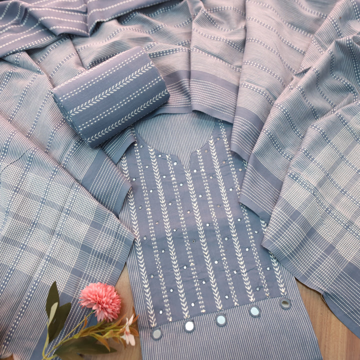 Amara Slate Grey Patra with All Over Thread Weaved Handloom Cotton Set