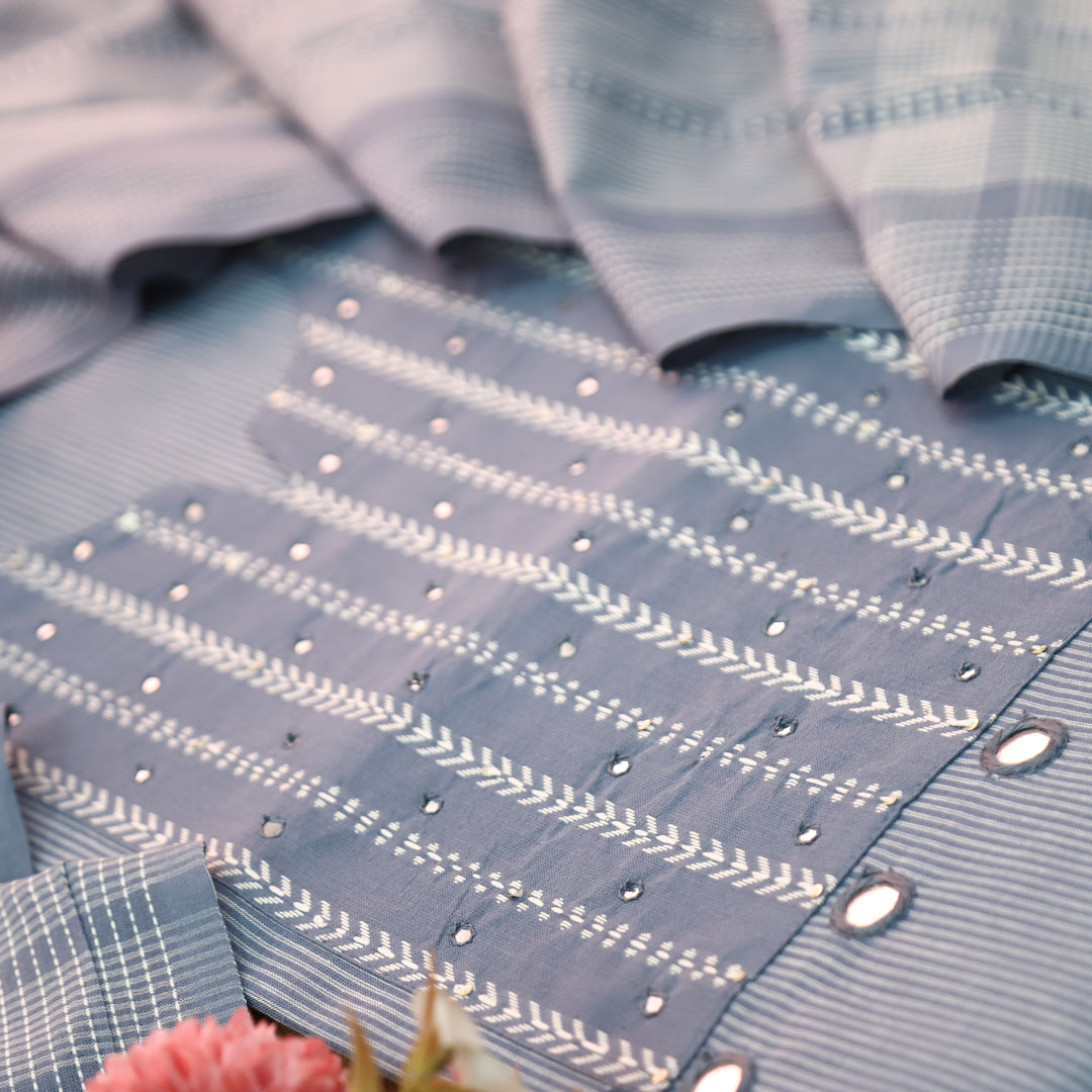 Amara Slate Grey Patra with All Over Thread Weaved Handloom Cotton Set