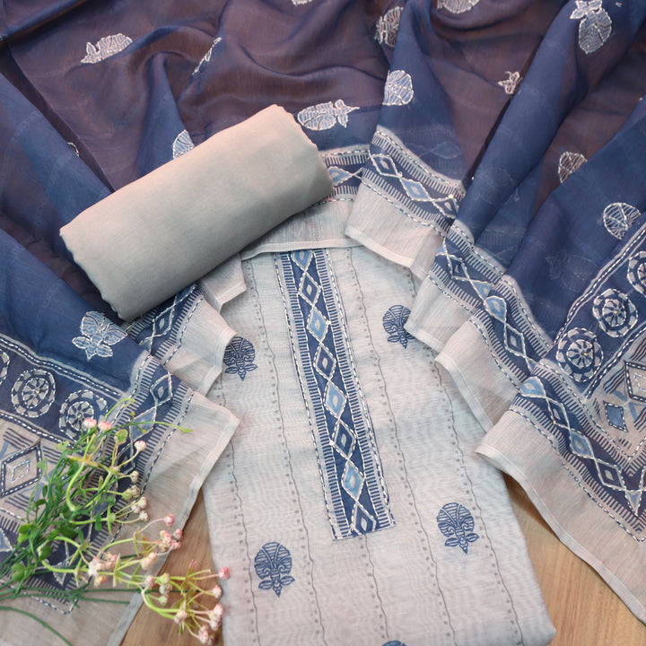 Shreya Greish Blue Base with Blue Digital Printed Kantha Embroidery Work Chanderi Set
