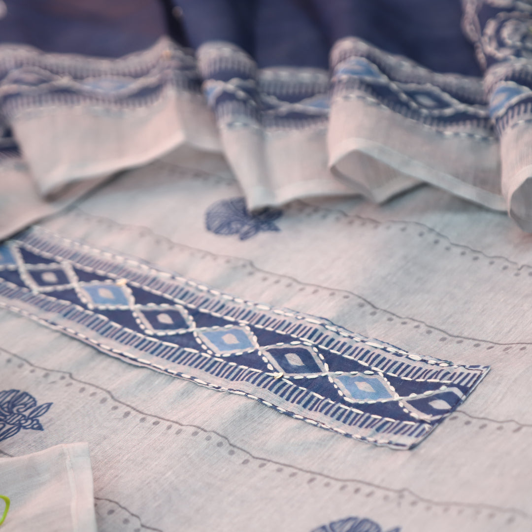 Shreya Greish Blue Base with Blue Digital Printed Kantha Embroidery Work Chanderi Set
