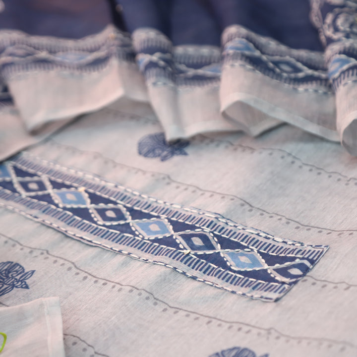 Shreya Greish Blue Base with Blue Digital Printed Kantha Embroidery Work Chanderi Set