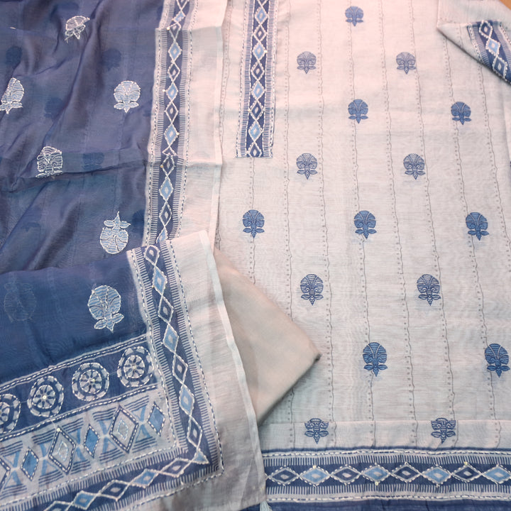 Shreya Greish Blue Base with Blue Digital Printed Kantha Embroidery Work Chanderi Set