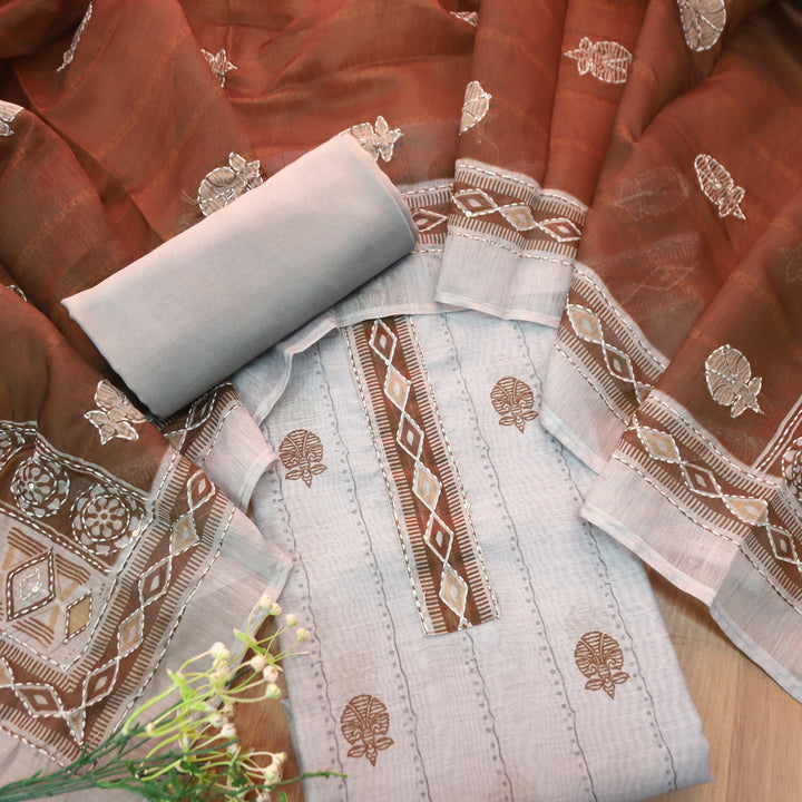Shreya Greish Blue Base with Brown Digital Printed Kantha Embroidery Work Chanderi Set