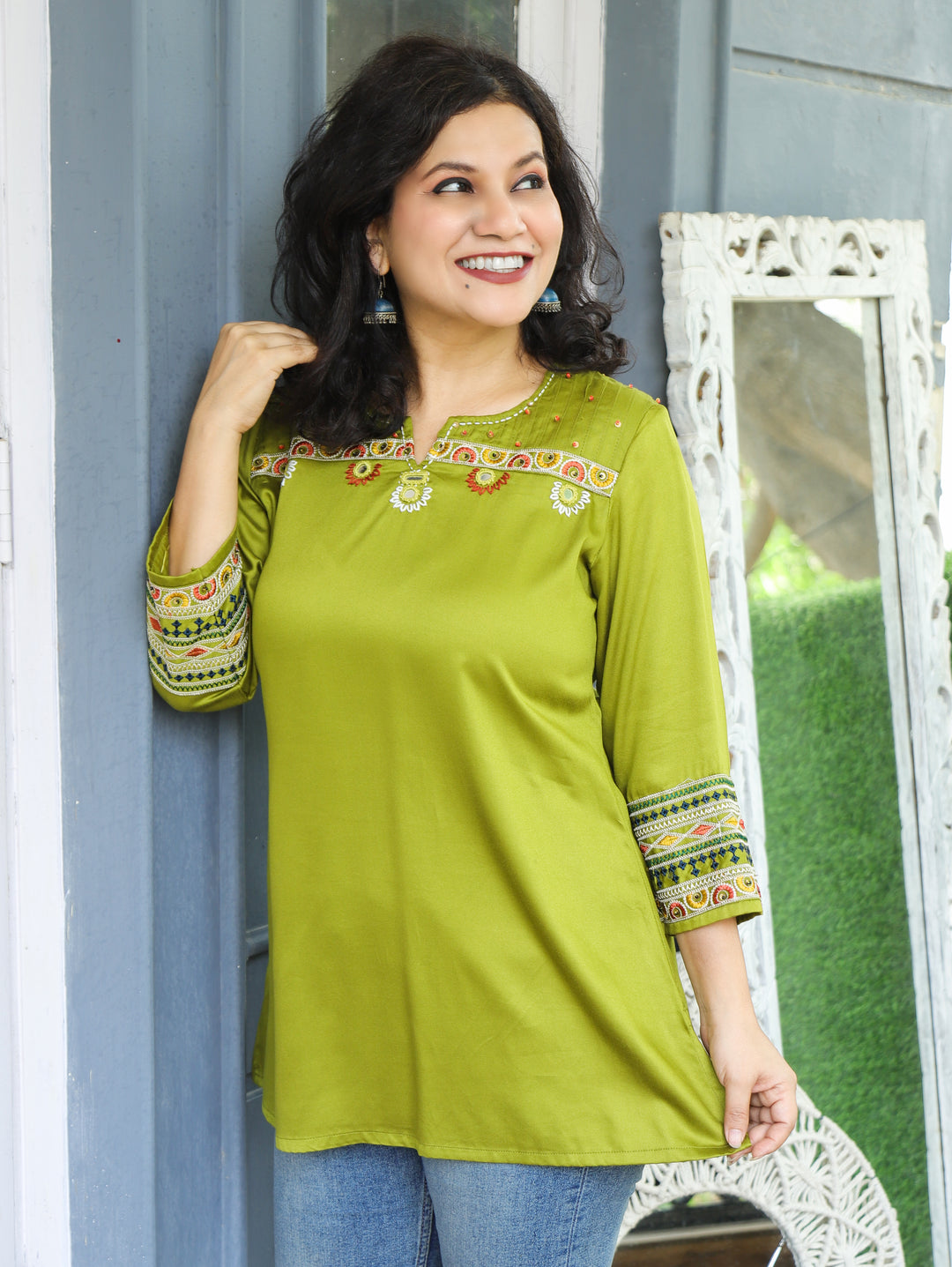 Ella Green Mirror with Embroidery Rayon Satin Short Kurti