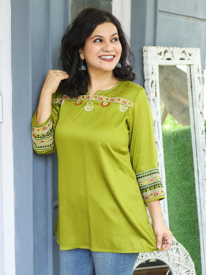 Ella Green Mirror with Embroidery Rayon Satin Short Kurti