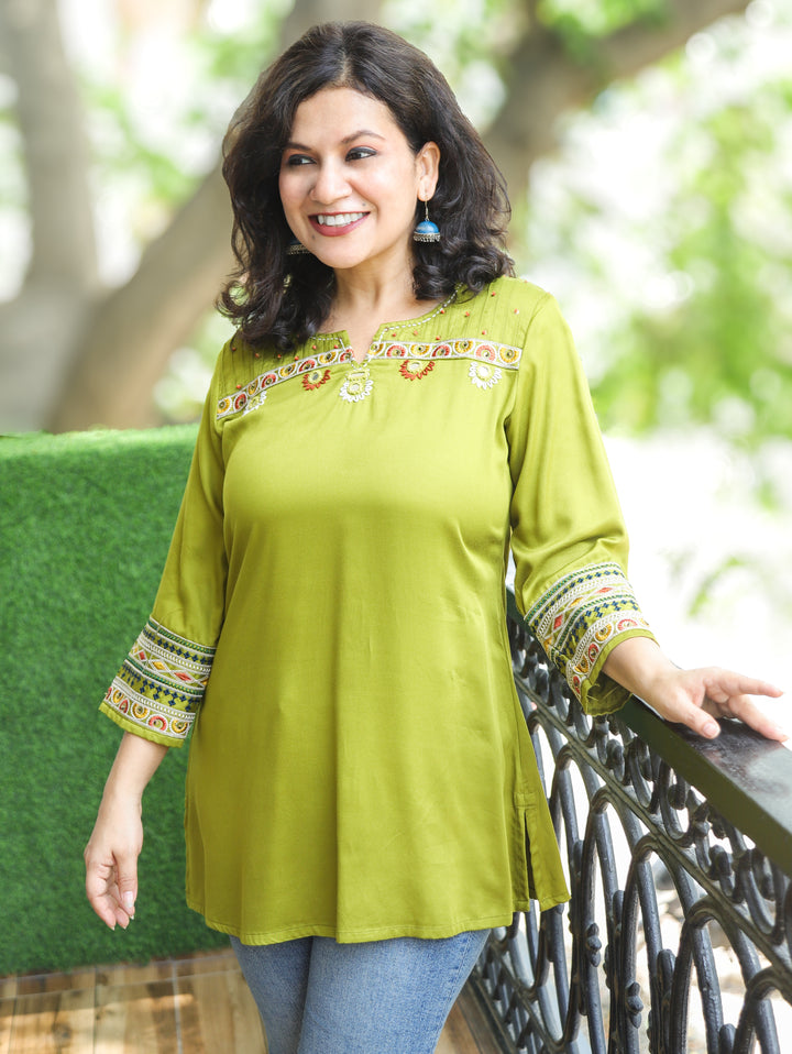 Ella Green Mirror with Embroidery Rayon Satin Short Kurti