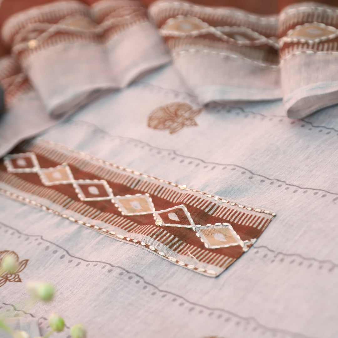 Shreya Greish Blue Base with Brown Digital Printed Kantha Embroidery Work Chanderi Set