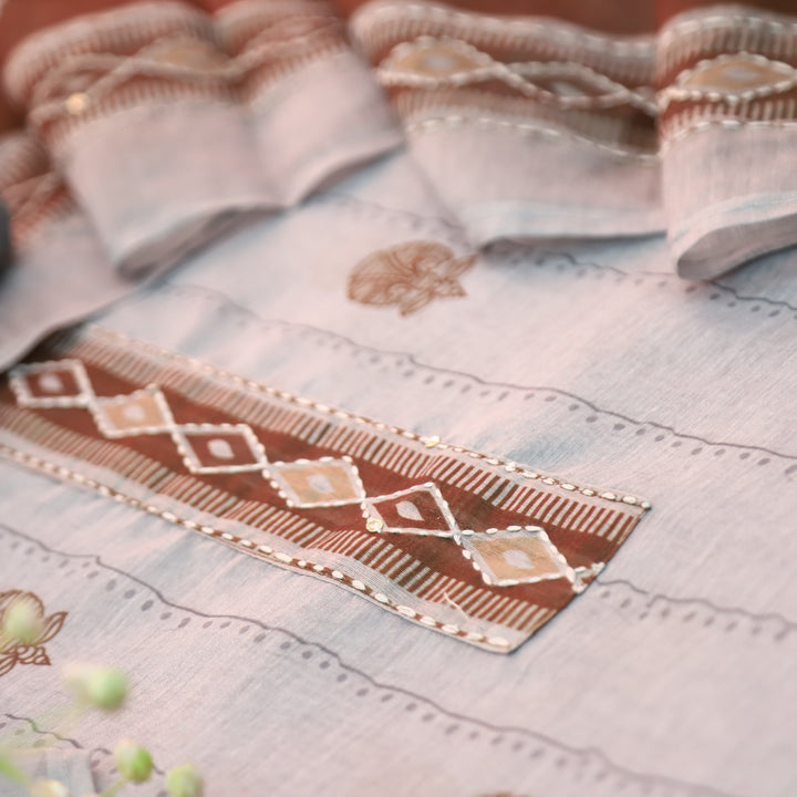 Shreya Greish Blue Base with Brown Digital Printed Kantha Embroidery Work Chanderi Set