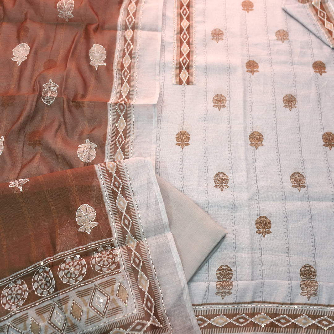 Shreya Greish Blue Base with Brown Digital Printed Kantha Embroidery Work Chanderi Set