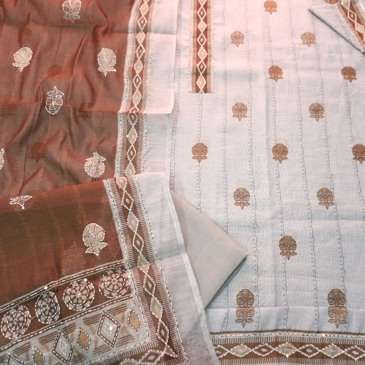 Shreya Greish Blue Base with Brown Digital Printed Kantha Embroidery Work Chanderi Set