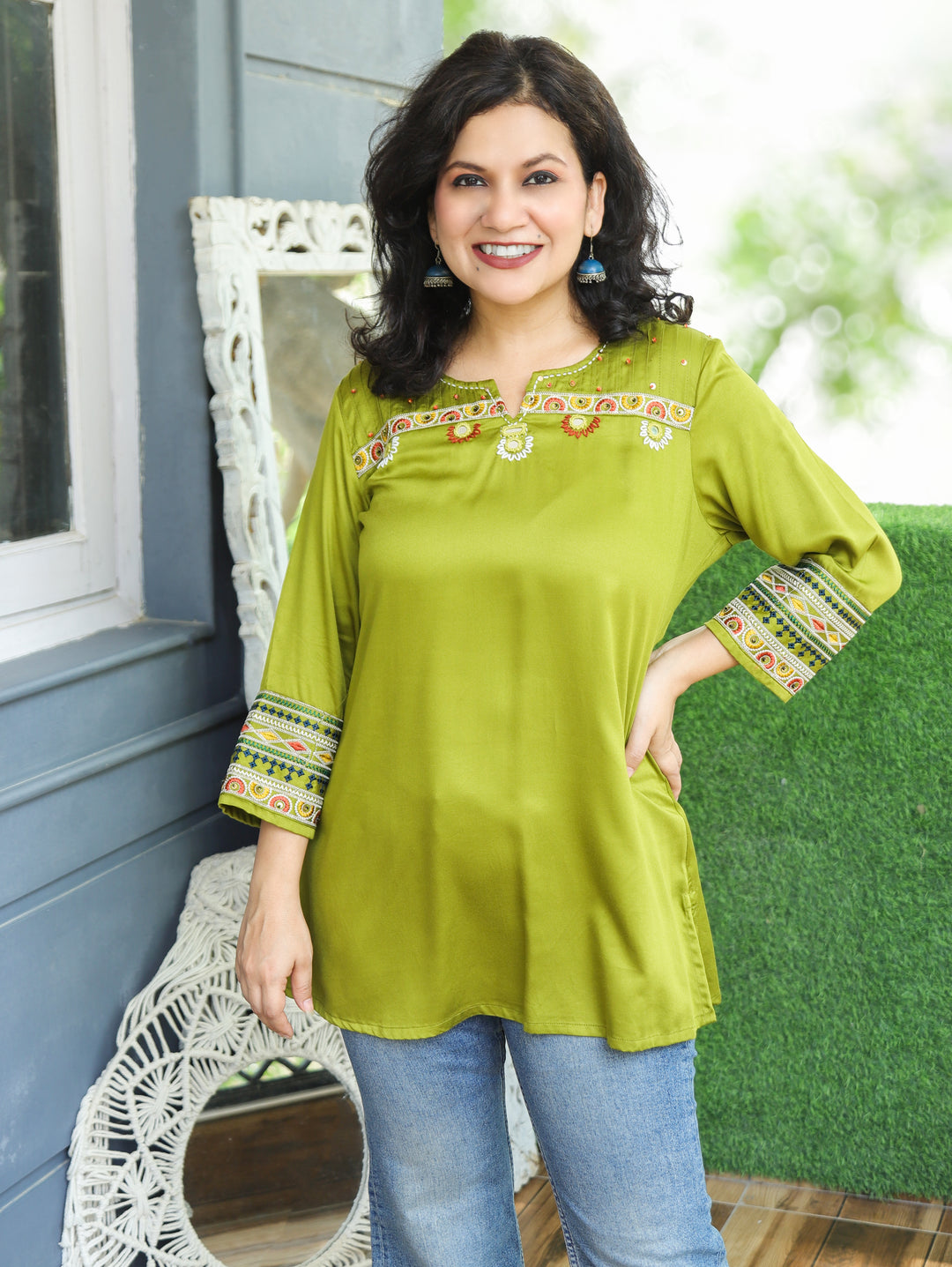 Ella Green Mirror with Embroidery Rayon Satin Short Kurti