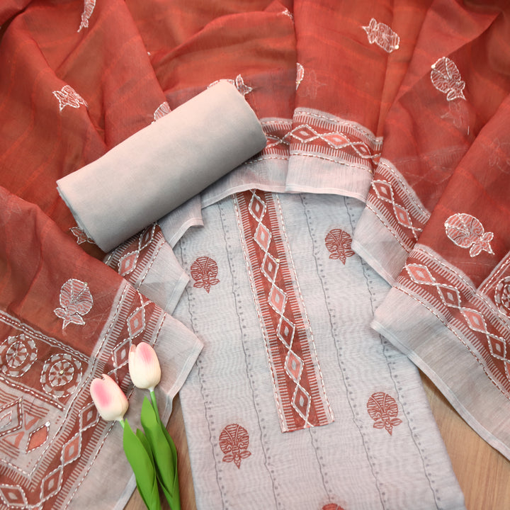 Shreya Greish Blue with Red Digital Printed Kantha Embroidery Work Chanderi Set