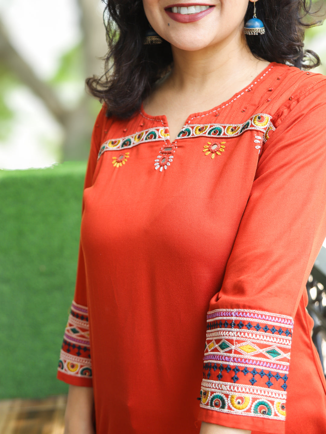 Ella Reddidh Orange Mirror with Embroidery Rayon Satin Short Kurti