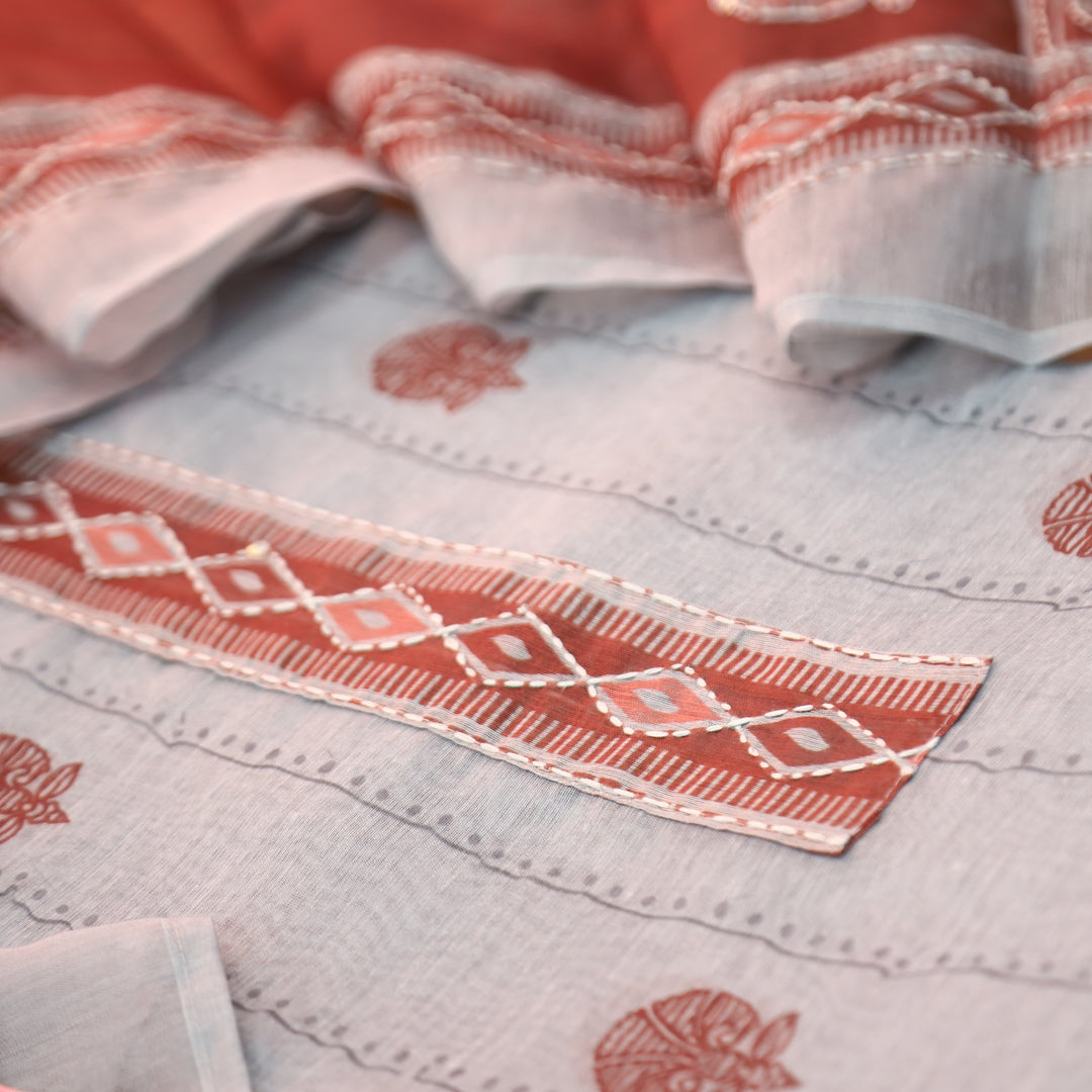 Shreya Greish Blue with Red Digital Printed Kantha Embroidery Work Chanderi Set