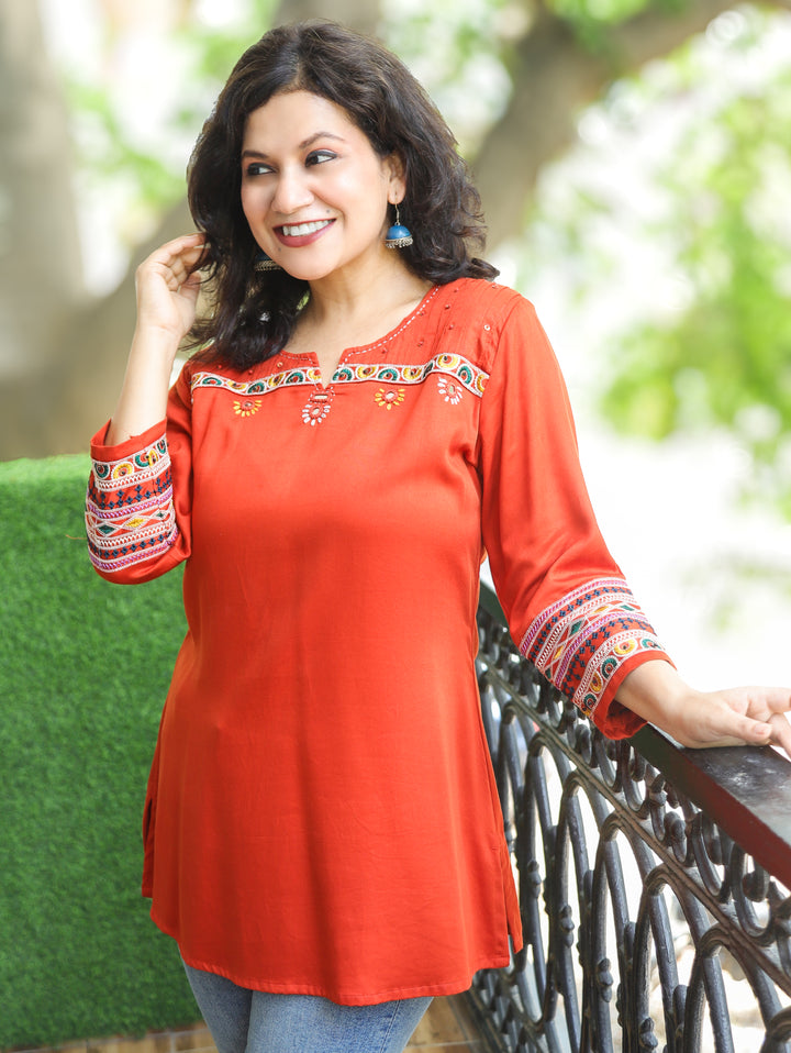 Ella Reddidh Orange Mirror with Embroidery Rayon Satin Short Kurti
