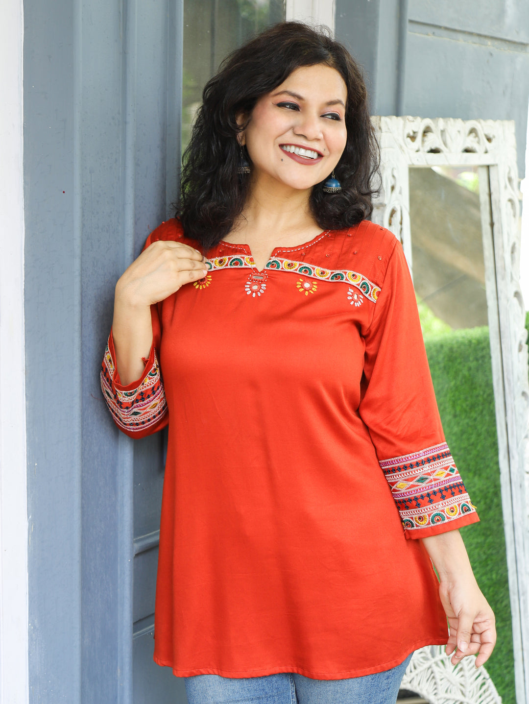 Ella Reddidh Orange Mirror with Embroidery Rayon Satin Short Kurti