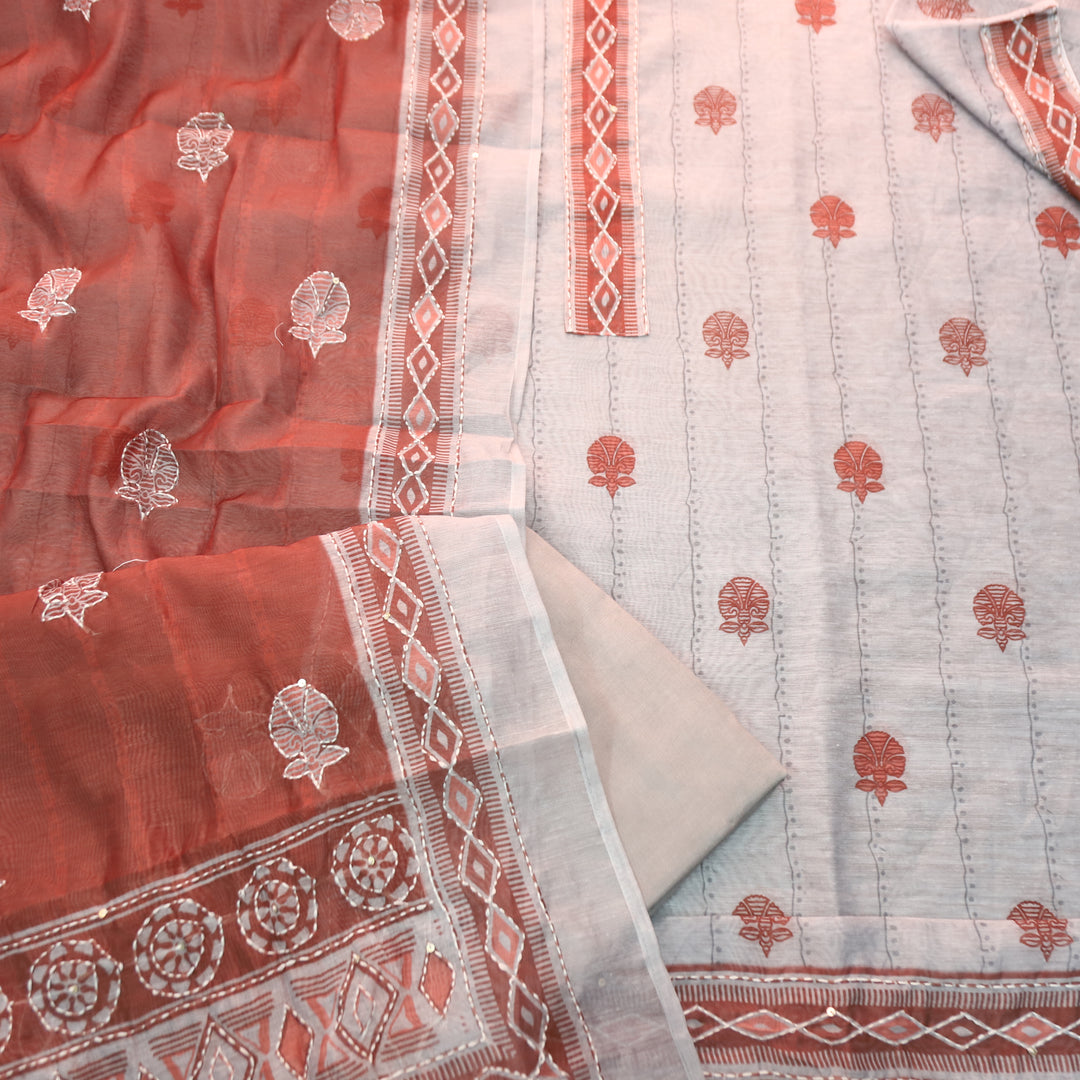 Shreya Greish Blue with Red Digital Printed Kantha Embroidery Work Chanderi Set