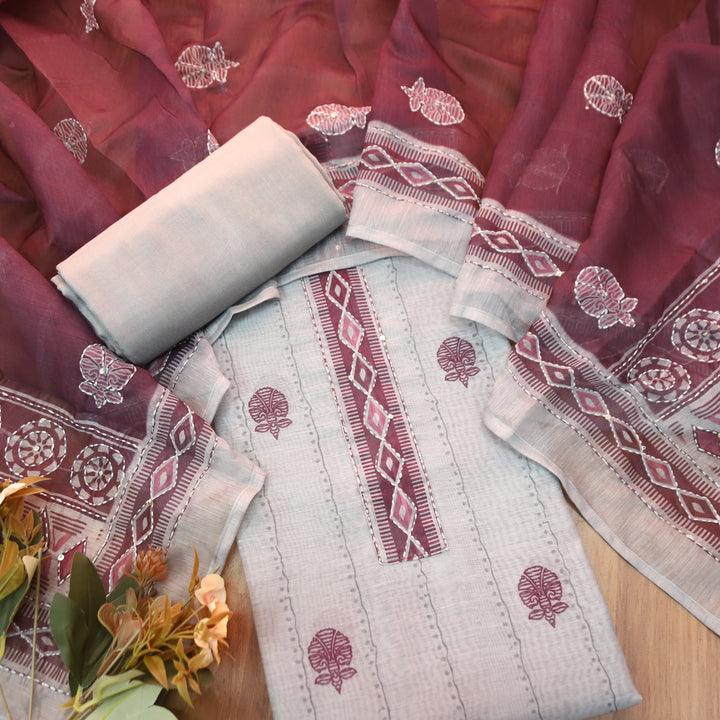 Shreya Greish Blue with Purple Digital Printed Kantha Embroidery Work Chanderi Set