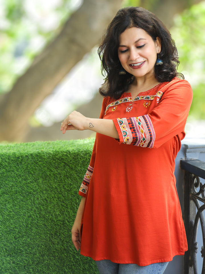 Ella Reddidh Orange Mirror with Embroidery Rayon Satin Short Kurti