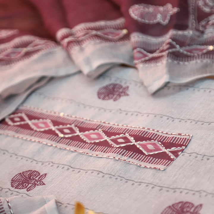 Shreya Greish Blue with Purple Digital Printed Kantha Embroidery Work Chanderi Set