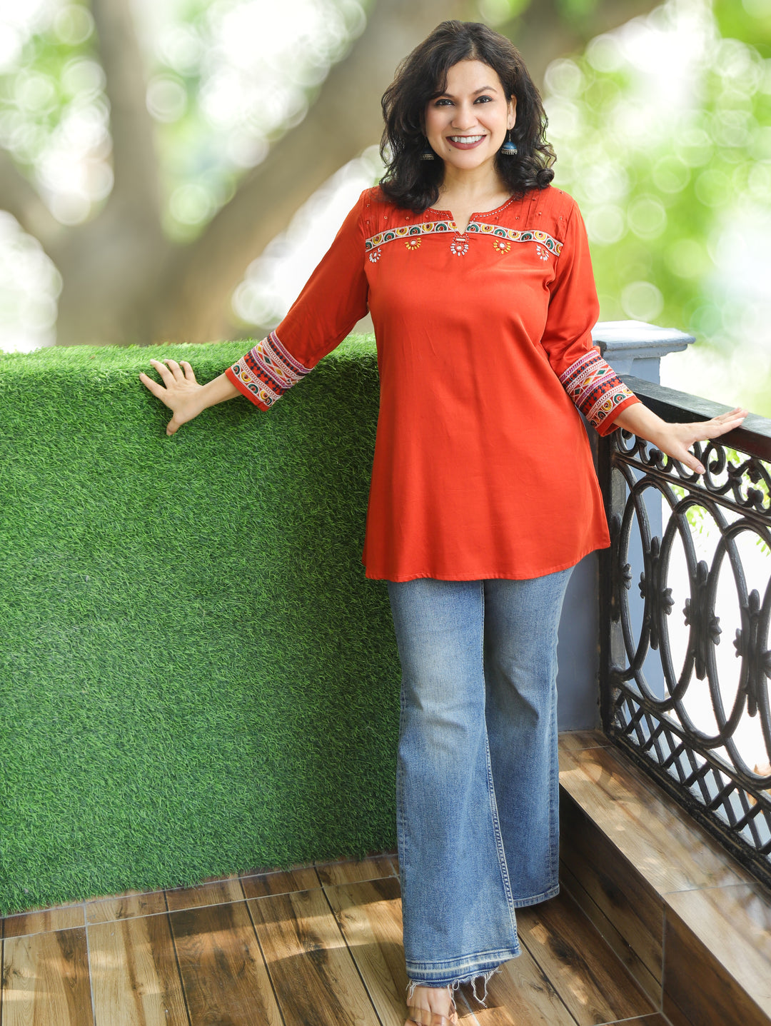 Ella Reddidh Orange Mirror with Embroidery Rayon Satin Short Kurti