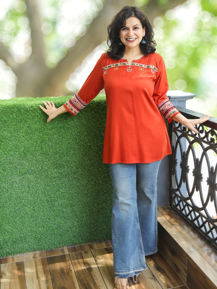 Ella Reddidh Orange Mirror with Embroidery Rayon Satin Short Kurti