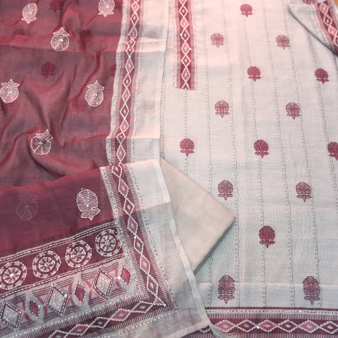 Shreya Greish Blue with Purple Digital Printed Kantha Embroidery Work Chanderi Set