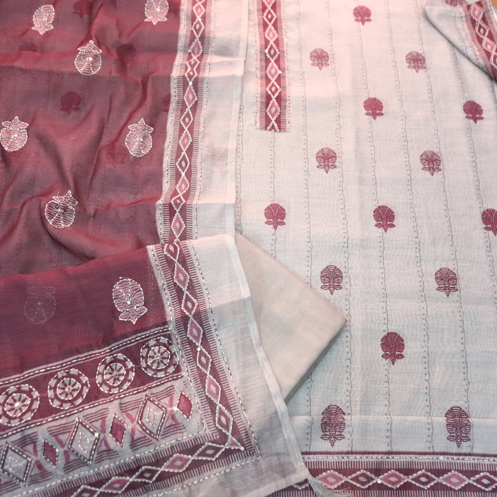Shreya Greish Blue with Purple Digital Printed Kantha Embroidery Work Chanderi Set