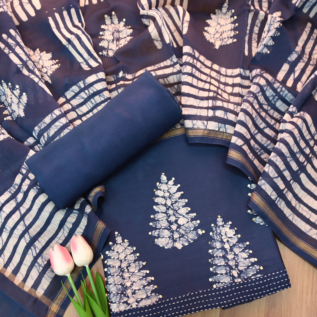 Kiara Navy Blue All Over Batik Printed with Thread Work Cotton Chanderi Suit Set