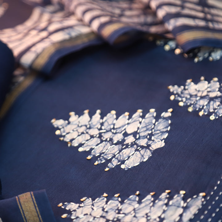Kiara Navy Blue All Over Batik Printed with Thread Work Cotton Chanderi Suit Set