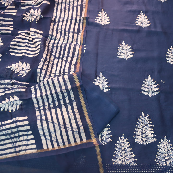 Kiara Navy Blue All Over Batik Printed with Thread Work Cotton Chanderi Suit Set