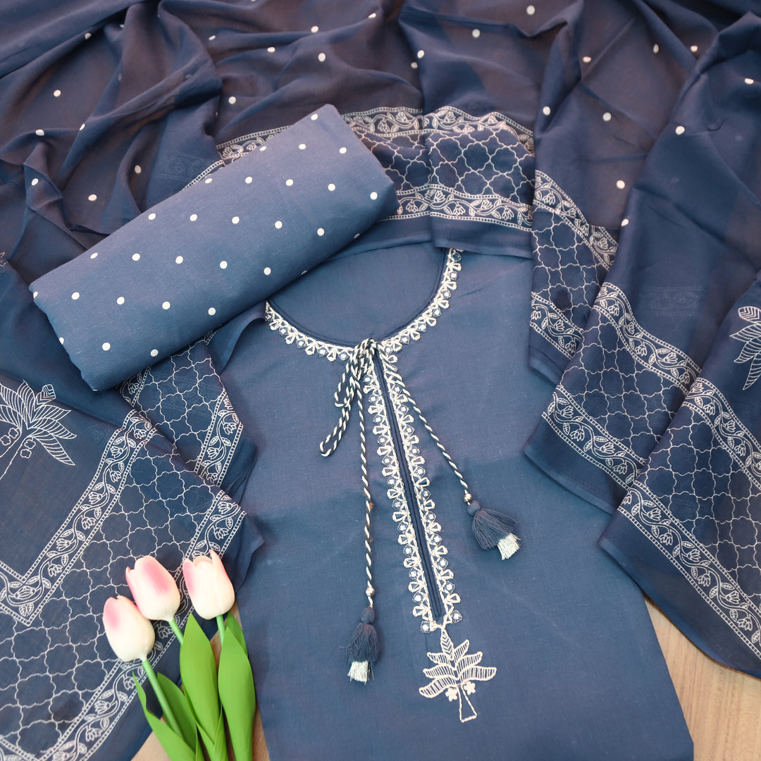 Rimjhim Navy Blue Thread Embroidered with Knot Work Cotton Suit Set